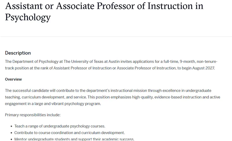 University of Texas at Austin Invites Applications for Assistant or Associate Professor of Instruction in Psychology