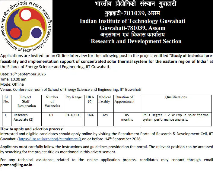 Research Associate (2) Recruitment 2026 at IIT Guwahati – Offline Interview
