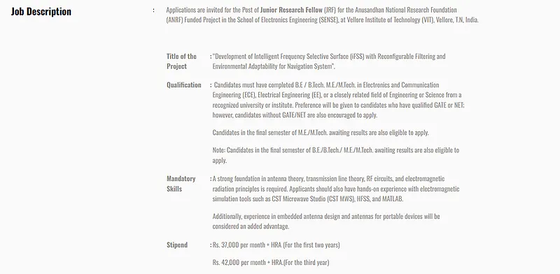VIT Vellore JRF Recruitment 2026 – Apply for ANRF-Funded Project in Electronics Engineering