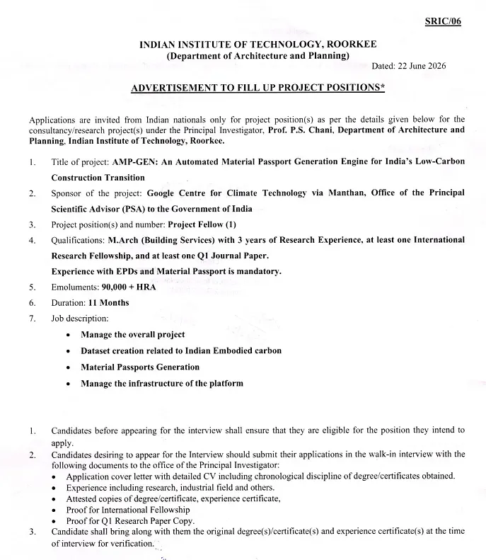 IIT Roorkee Recruitment 2026 | Project Fellow Vacancy under Google Centre for Climate Technology Project