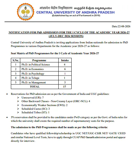 PhD Admission 2026-27 at Central University of Andhra Pradesh – 17 Seats Available