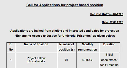 Project Fellow (Social Work) Recruitment 2026 at GNLU – Access to Justice for Undertrial Prisoners Project