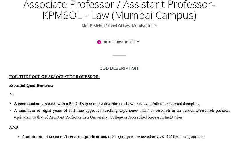 Associate Professor / Assistant Professor Recruitment – Kirit P. Mehta School of Law (KPMSOL), Mumbai Campus