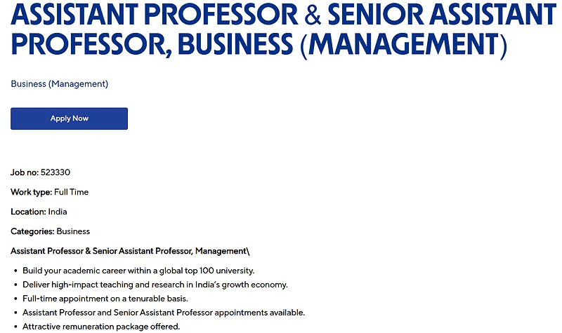 UWA India Invites Applications for Assistant Professor & Senior Assistant Professor (Business – Management)