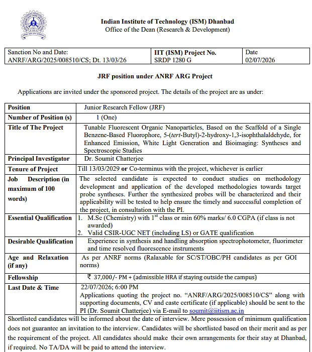 IIT (ISM) Dhanbad JRF Recruitment 2026: ANRF Project | Apply by 22 July