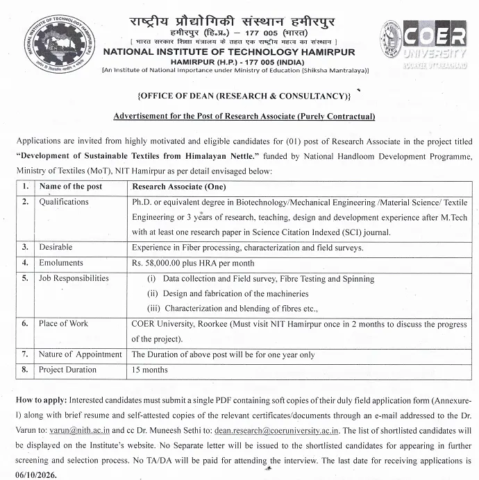Research Associate Recruitment 2026 at NIT Hamirpur – Sustainable Textiles from Himalayan Nettle Project