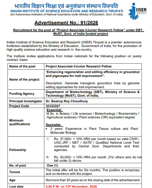IISER Tirupati Project Associate I / Junior Research Fellow Recruitment 2026 – Biotechnology Research Project