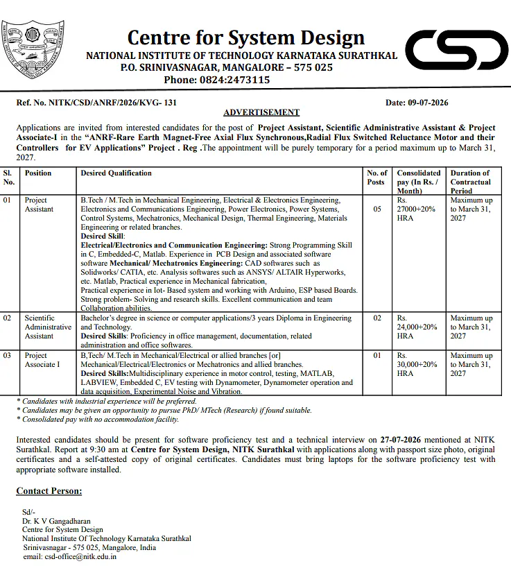 NITK Surathkal Recruitment 2026: Project Assistant, Scientific Administrative Assistant & Project Associate-I 