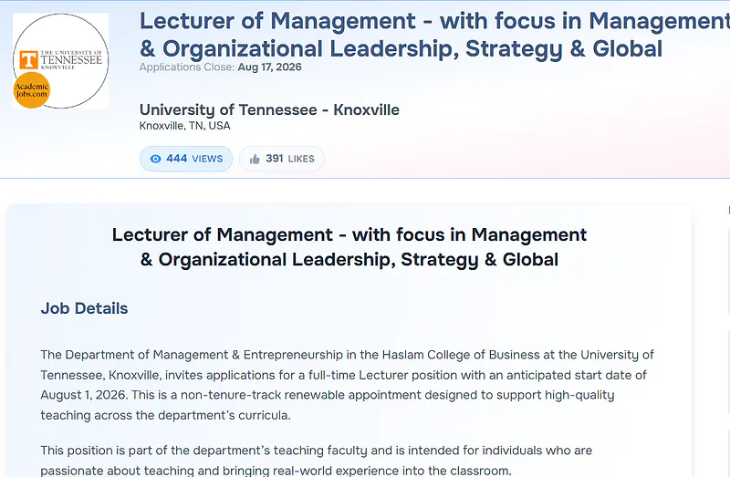 University of Tennessee Lecturer Recruitment in Management