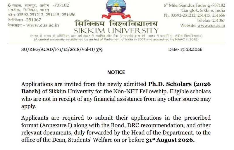 Non-NET Fellowship 2026 at Sikkim University – Applications Invited from Newly Admitted Ph.D. Scholars