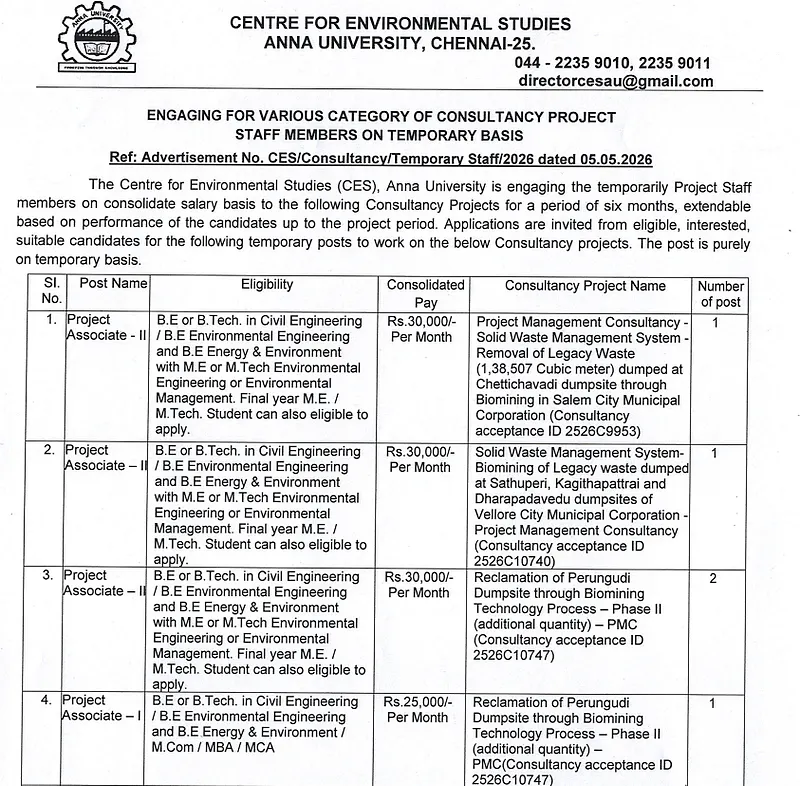 Recruitment Notification: Temporary Project Staff Openings at Anna University, Chennai