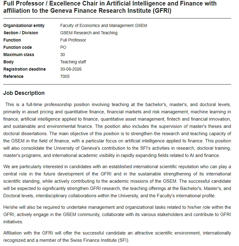 University of Geneva Full Professor / Excellence Chair Recruitment in AI and Finance