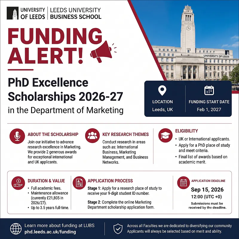 Leeds University Business School | PhD Excellence Scholarships 2026-27 (Marketing)