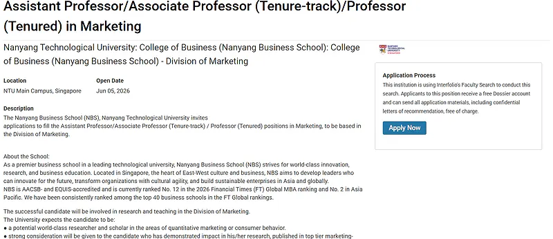 Assistant Professor / Associate Professor (Tenure-track) / Professor (Tenured) in Marketing | Nanyang Business School, NTU Singapore