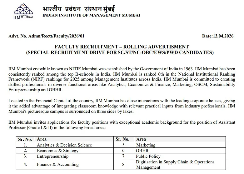 Faculty Recruitment 2026: Indian Institute of Management Mumbai