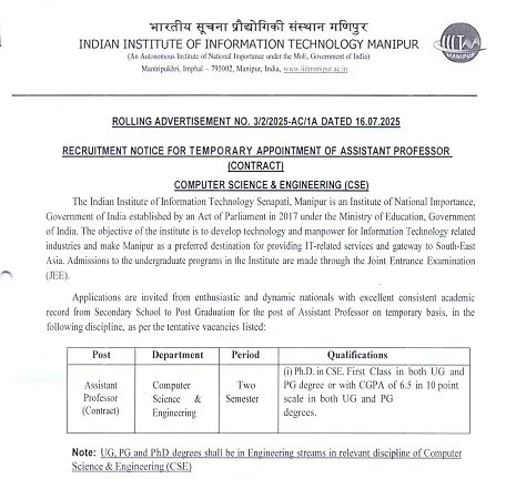 IIIT Manipur Invites Applications for Temporary Assistant Professor (Contract) – Computer Science & Engineering