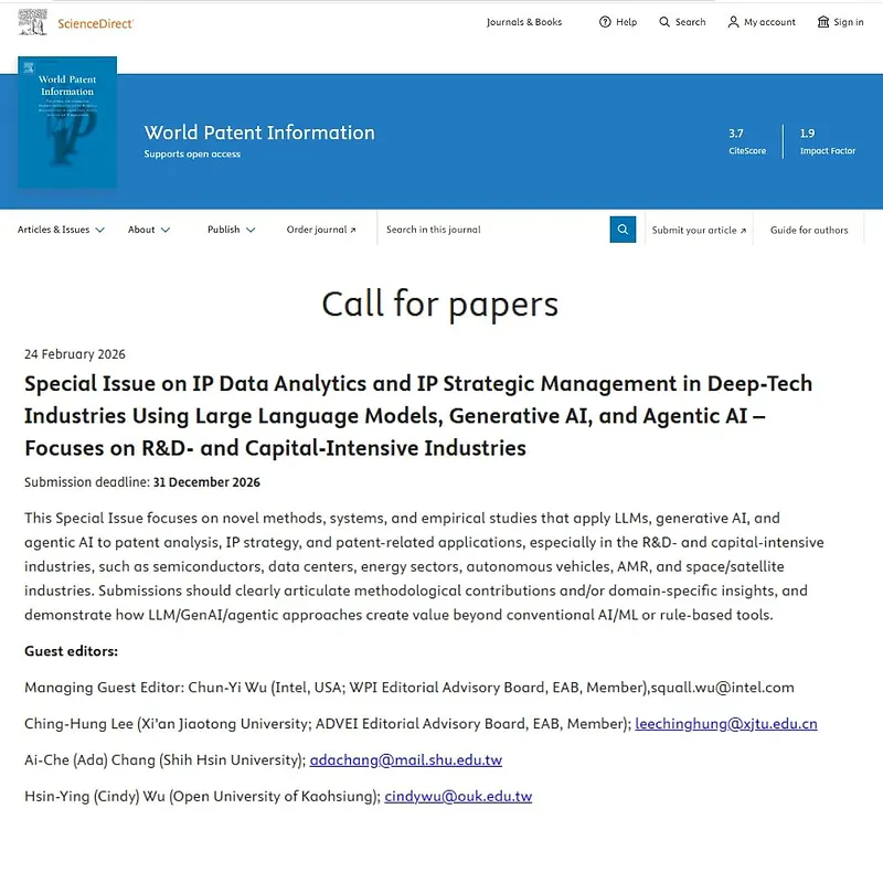 Special Issue on IP Data Analytics and IP Strategic Management in Deep-Tech Industries Using Large Language Models, Generative AI, and Agentic AI