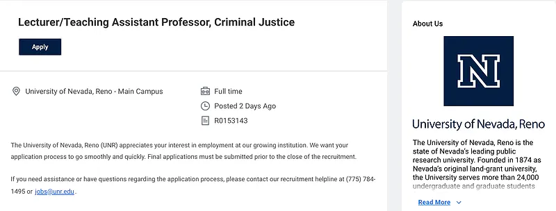 Lecturer/Teaching Assistant Professor, Criminal Justice – University of Nevada, Reno