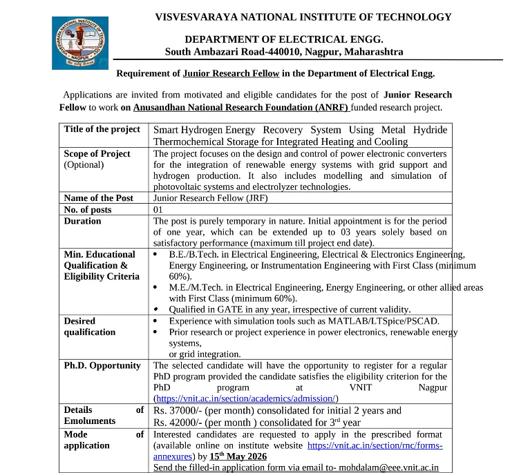 JRF & Project Research Scientist at VNIT Nagpur 