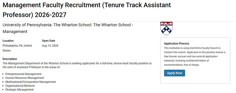 Tenure-Track Assistant Professor in Management – The Wharton School, University of Pennsylvania