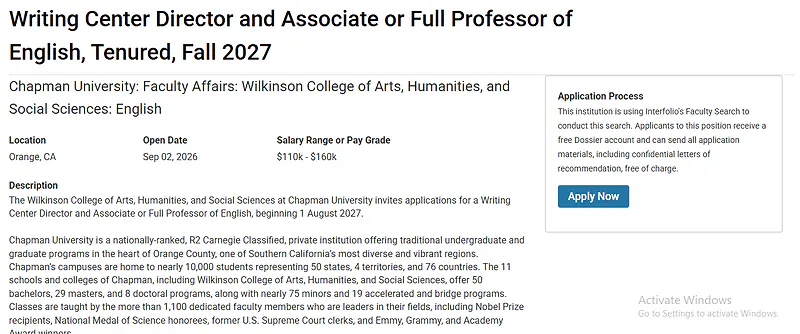 Writing Center Director and Associate/Full Professor of English – Chapman University