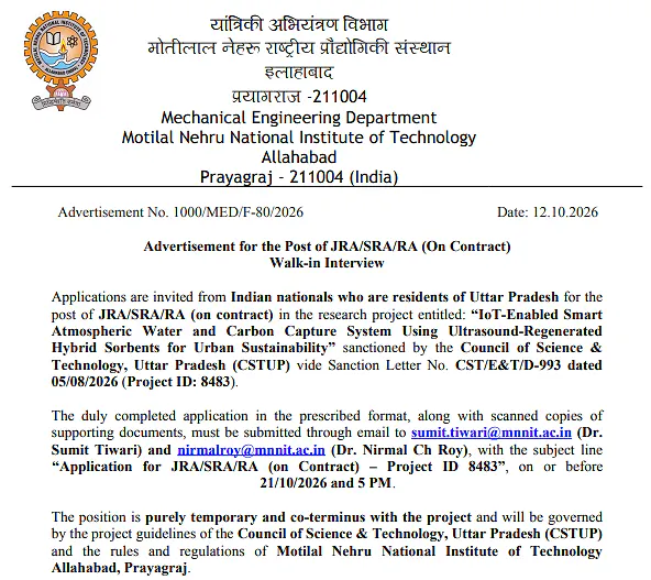 JRA/SRA/RA Recruitment 2026 at MNNIT Allahabad – Mechanical Engineering Research Project