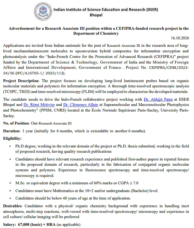 IISER Bhopal Research Associate III Recruitment 2026 – Department of Chemistry