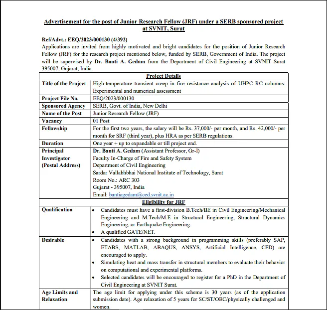 Junior Research Fellow (JRF) Vacancy 2026: SVNIT Surat