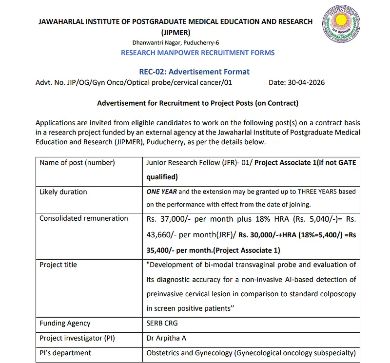  JIPMER Recruitment 2026: Junior Research Fellow & Project Associate Vacancy