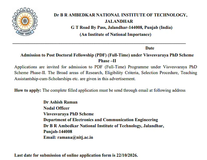 Postdoctoral Fellowship (PDF) Admission 2026 at NIT Jalandhar – Visvesvaraya PhD Scheme Phase-II