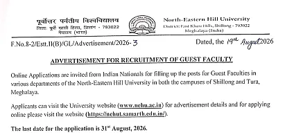 Guest Faculty Recruitment 2026 at North-Eastern Hill University – Shillong & Tura Campuses