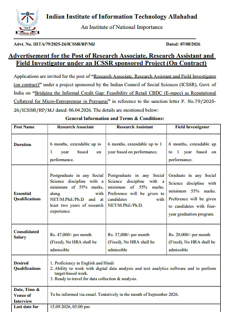 IIIT Allahabad Recruitment 2026: Research Associate, Research Assistant & Field Investigator