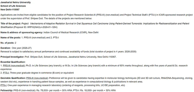 JNU Recruitment 2026 – Project Research Scientist-III and Project Technical Staff-I