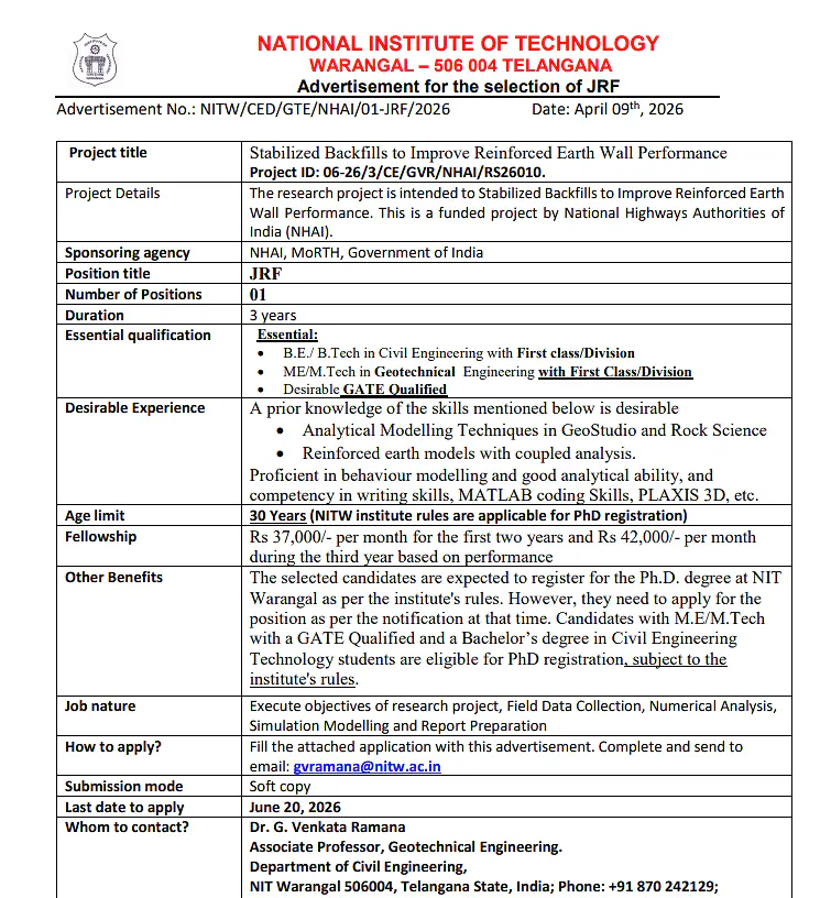 NIT Warangal Recruitment 2026 | Junior Research Fellow (JRF) – Civil Engineering