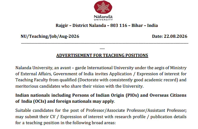 Faculty Recruitment 2026 at Nalanda University – Professor, Associate Professor & Assistant Professor Positions