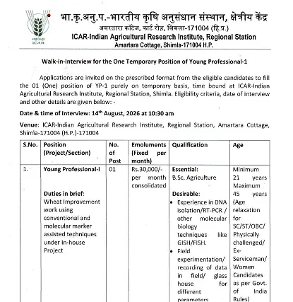 ICAR-IARI Young Professional-I Recruitment 2026