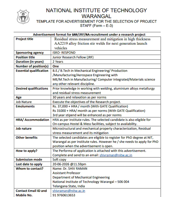 NIT Warangal JRF Recruitment 2026 – Apply for ISRO-RESPOND Funded Research Project