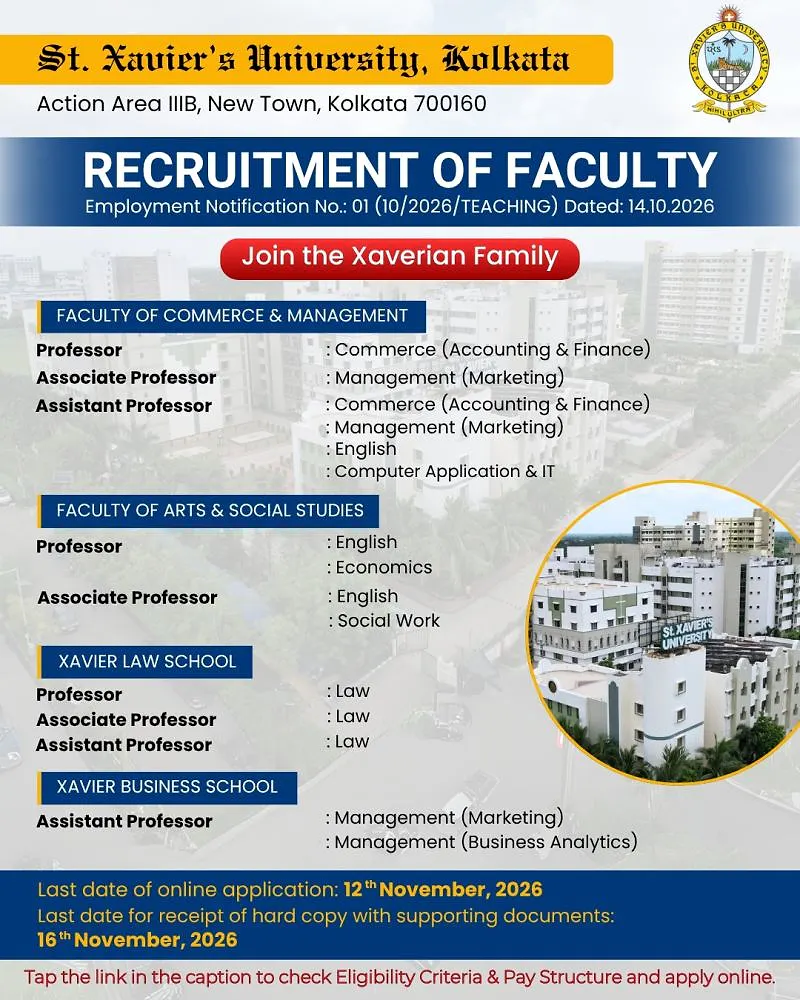 St. Xavier’s University Kolkata Faculty Recruitment 2026 – Professor, Associate Professor and Assistant Professor Positions