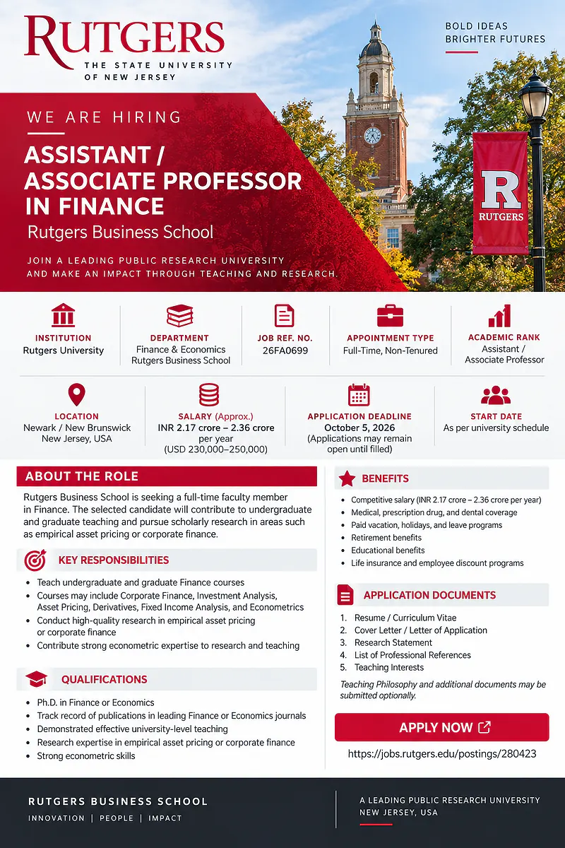 Assistant / Associate Professor in Finance – Rutgers University