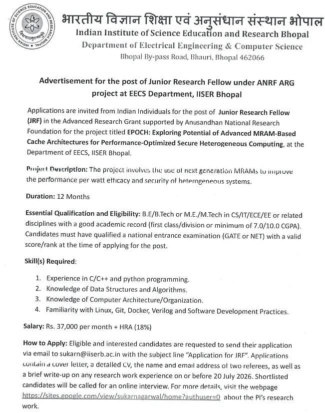 IISER Bhopal Recruitment 2026: Junior Research Fellow (JRF) Position under ANRF-ARG Project