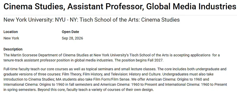 Assistant Professor – Global Media Industries – New York University