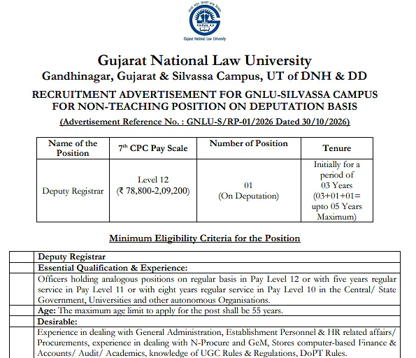 Gujarat National Law University Recruitment 2026 – Deputy Registrar Vacancy at GNLU Silvassa Campus 