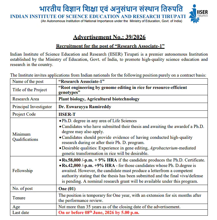 Job Opportunity: Research Associate-1 at IISER Tirupati (Plant Biology & Biotechnology)