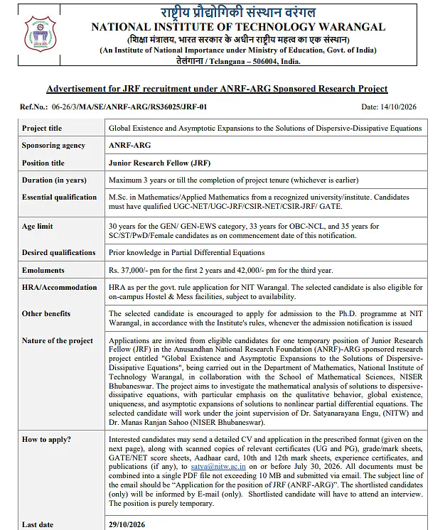 NIT Warangal JRF Recruitment 2026 – Junior Research Fellow in Mathematics | ANRF-ARG Project