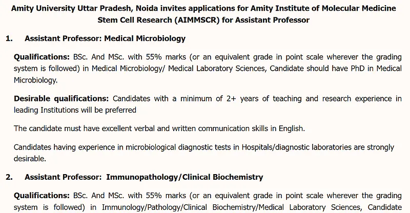 Amity University Noida Recruitment 2026: Assistant Professor Openings at AIMMSCR