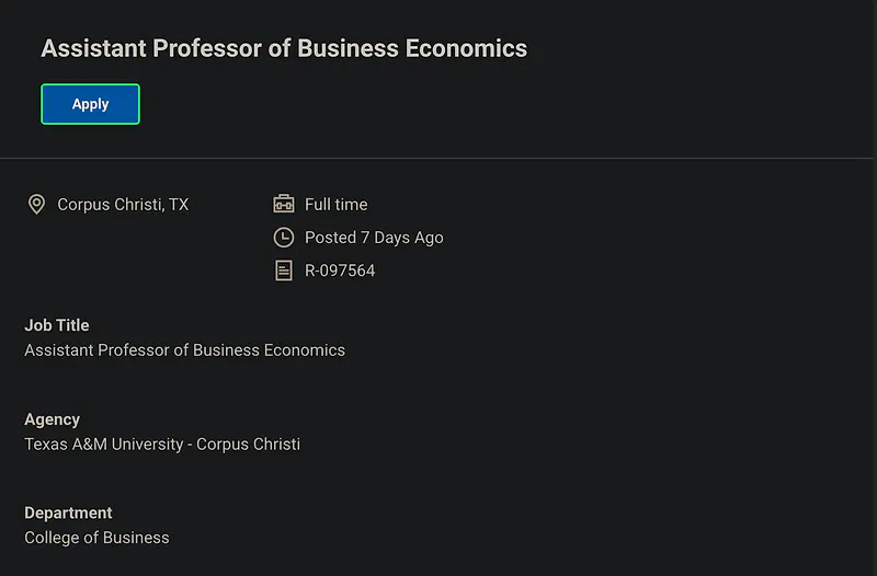 Assistant Professor of Business Economics – Texas A&M University-Corpus Christi