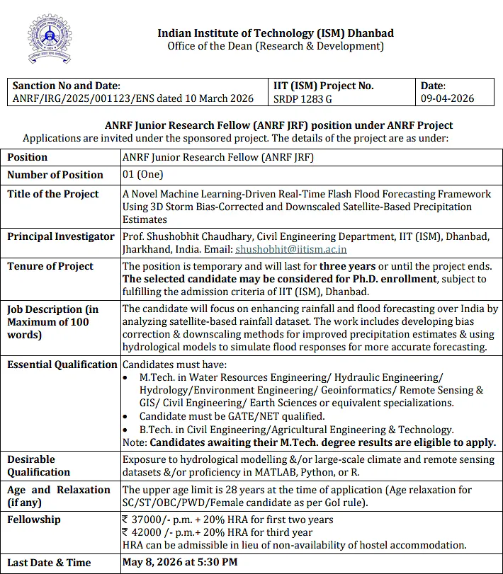  IIT (ISM) Dhanbad Recruitment 2026 - ANRF Junior Research Fellow (JRF)