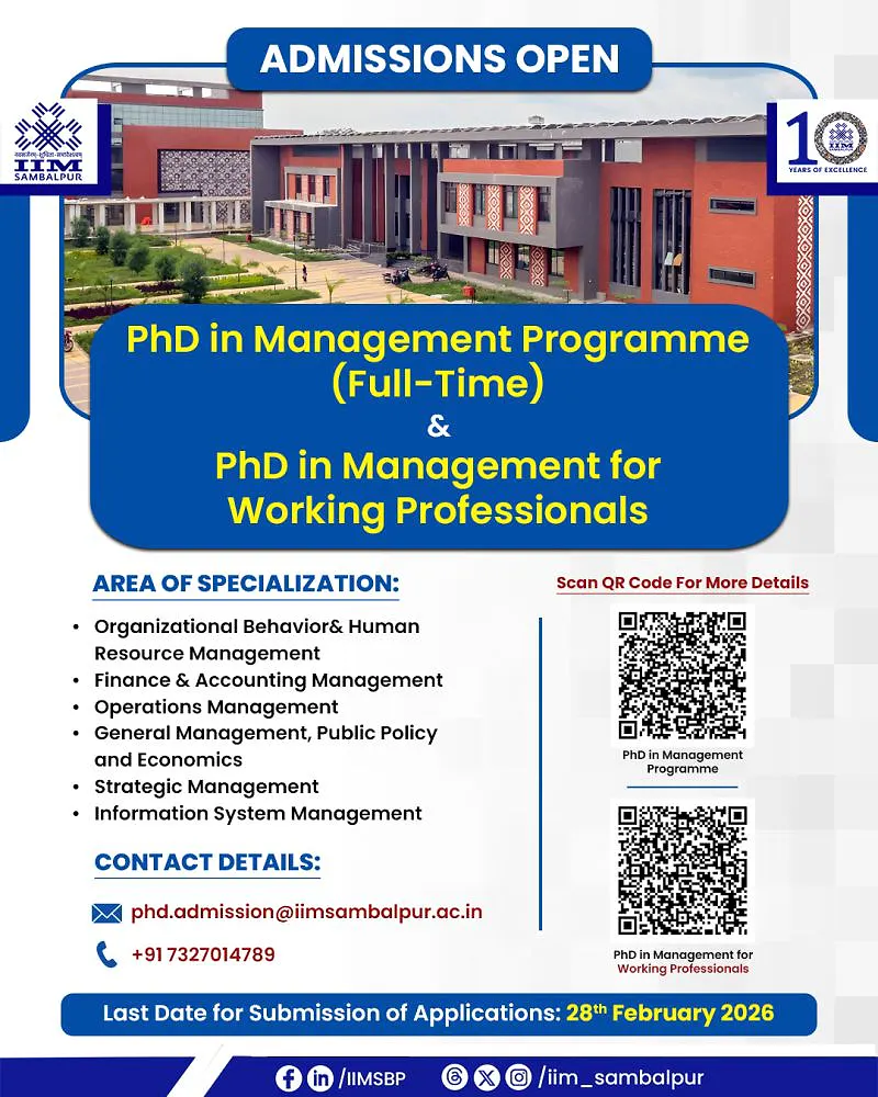 Admissions Open: PhD in Management (Full-Time & Working Professionals) at IIM Sambalpur – Batch 2026”