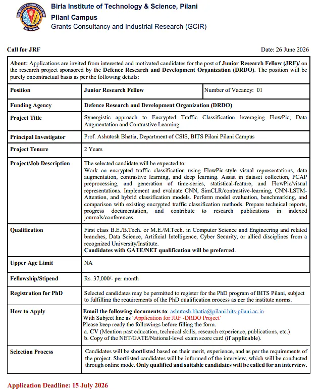 BITS Pilani Recruitment 2026: Junior Research Fellow (JRF) Vacancy – DRDO Sponsored Project