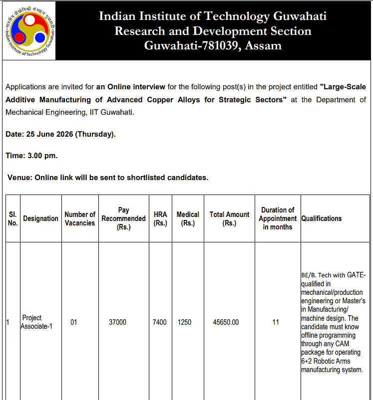 IIT Guwahati Recruitment 2026: Project Associate-I Position in Mechanical Engineering